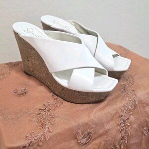 Jessica Simpson Chuncky Wedge Sandal Shoes 8 1/2 B 8.5 White Open Toe Slip On